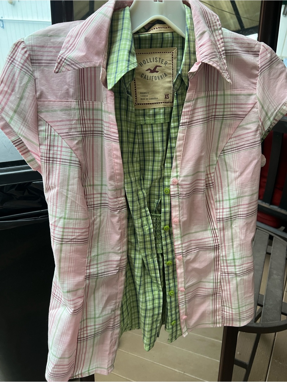 Hollister Pink and Light Green Plaid Short Sleeve Button-Down Shirts (2)  XS